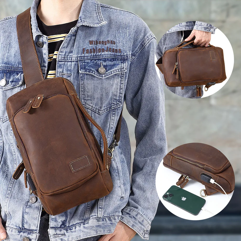 Retro men's chest bag, genuine leather chest, large-capacity hand-held crossbody backpack, men's chest crossbody backpack