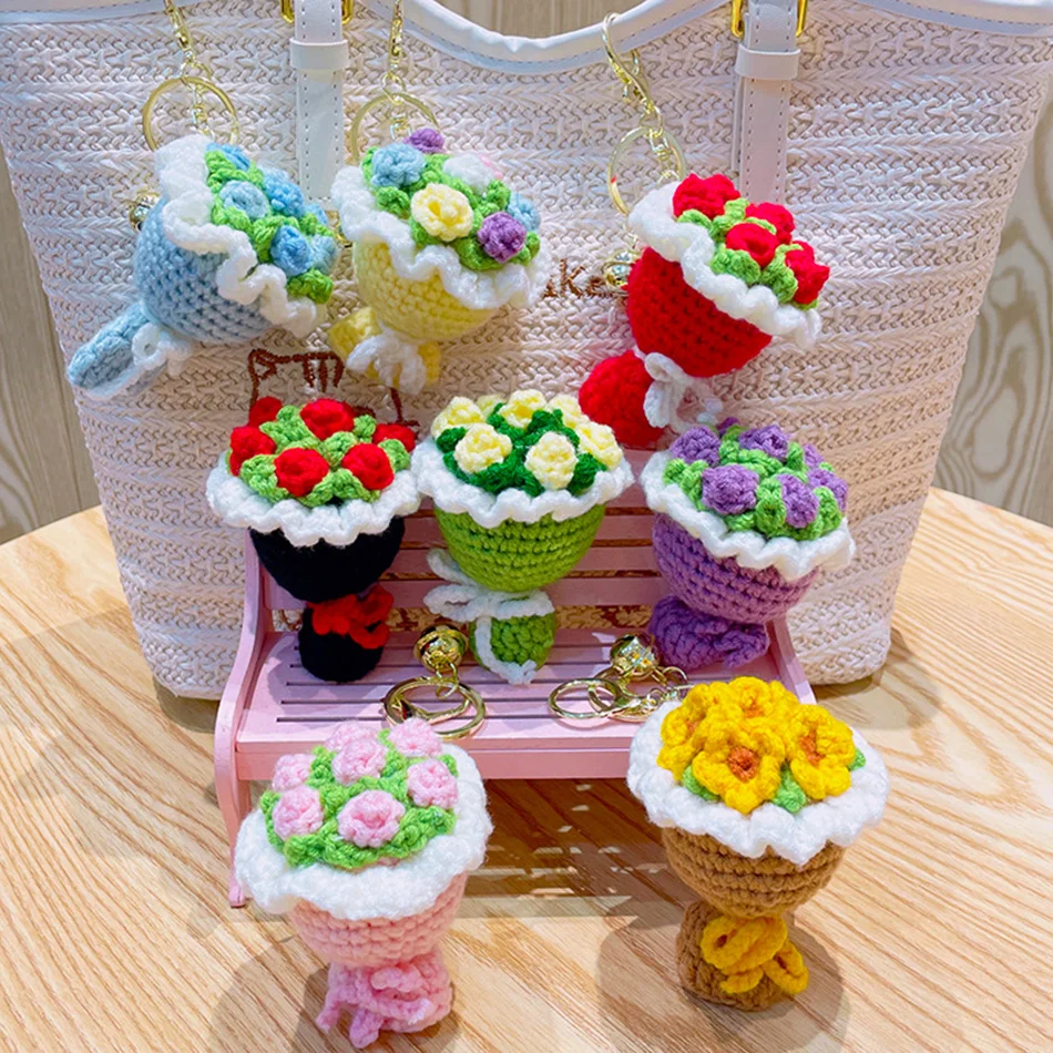 Multicolor Crochet Flower Bouquet Keychain Handmade Knitted Eternal Rose Charm Mini Yarn Flower Bag Pendant Birthday Gift Hot