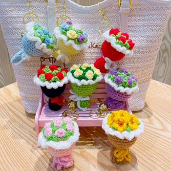 Multicolor Crochet Flower Bouquet Keychain Handmade Knitted Eternal Rose Charm Mini Yarn…