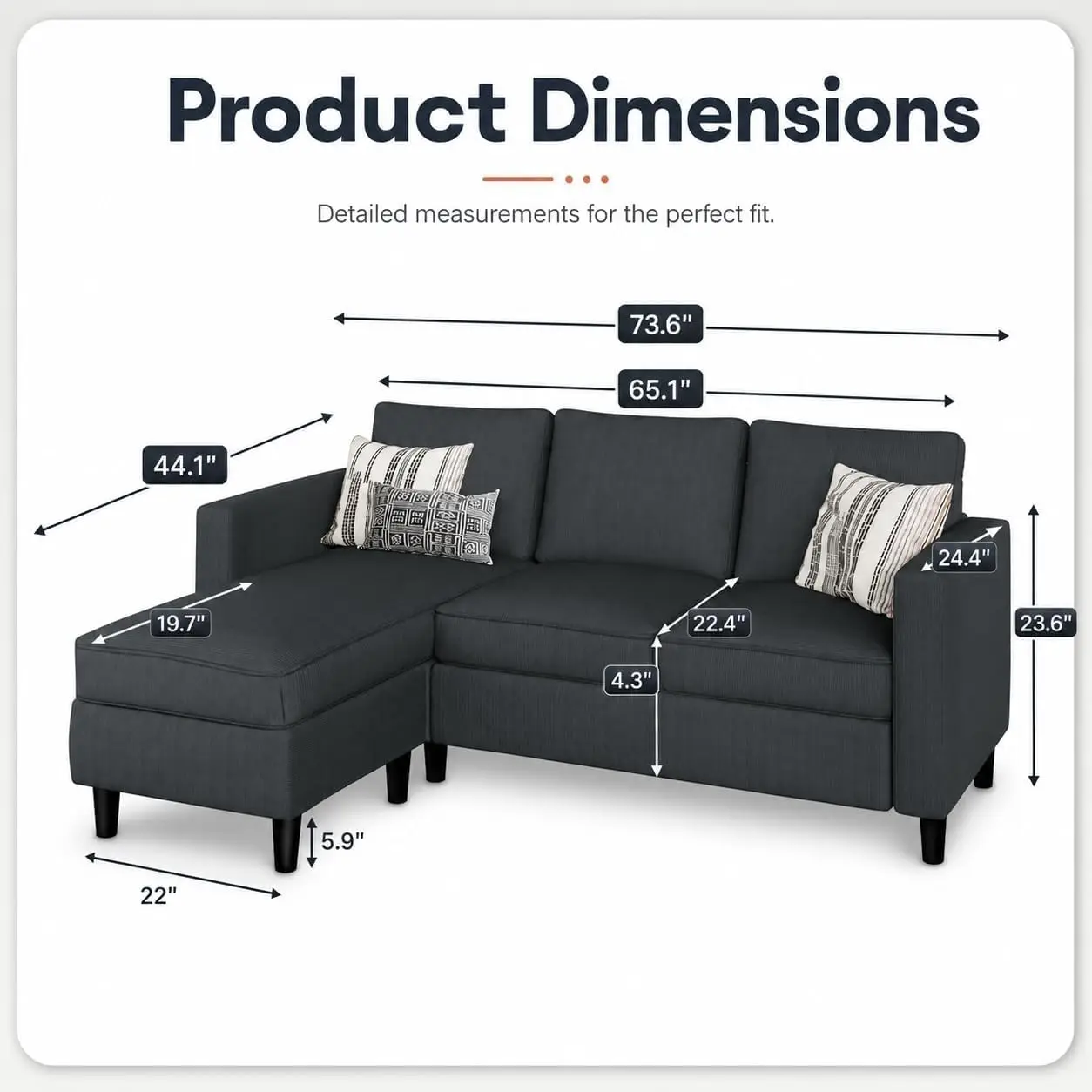 Compact Gray 3 Seater L Shaped Convertible Sectional Sofa Couch Reversible Ottoman Modern Fabric Small Space Apartment Living Ro