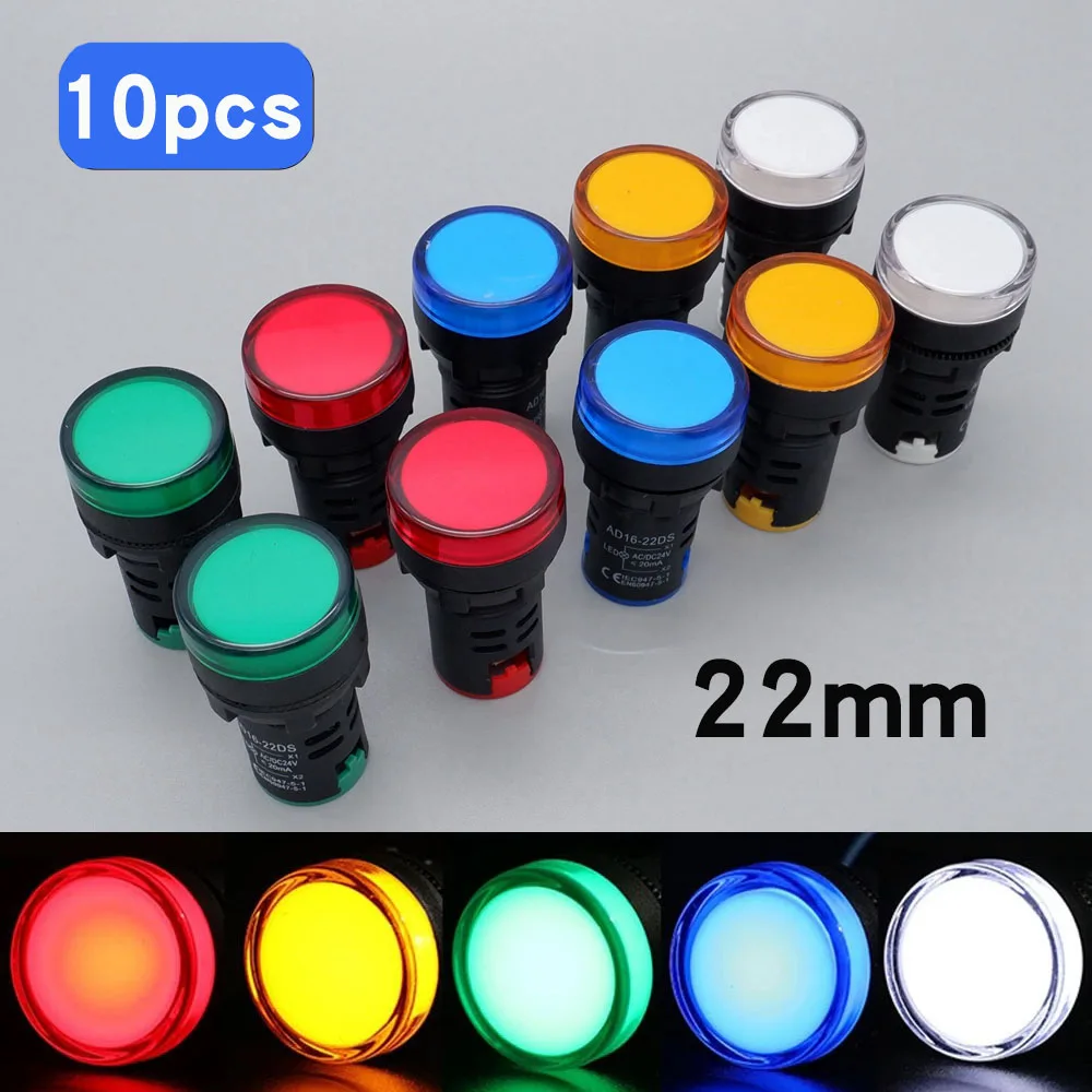 10pcs 22mm Plastic Power Signal Lamp AD16-22DS LED Indicator Light 12V 24V 220V Red Green Blue Yellow White Panel Mount