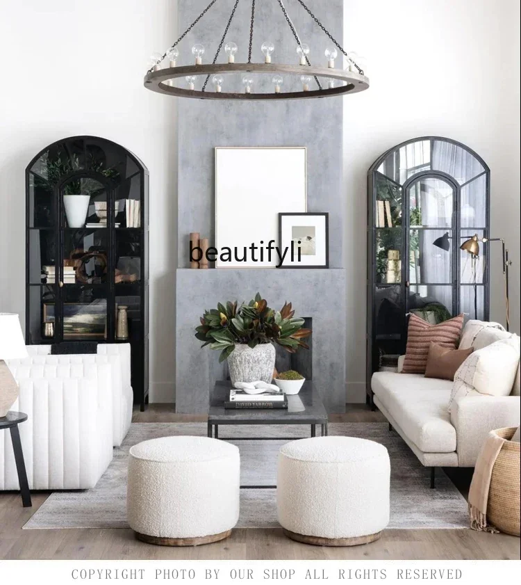 

SS ss7486 American light luxury solid wood bookcase simple high-grade black arched display cabinet with glass door retro wine ca