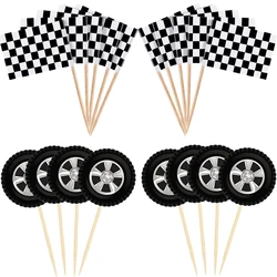 Wheel Racing Car Party Cake Decor Tire Cupcake Topper Mini Checkered Racing Flag Cupcake Toppers Racing Theme Party Supplies