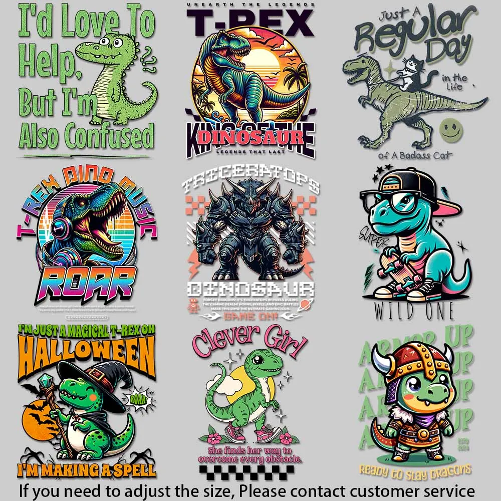 Funny Dino with Cat Visuals Trendy Dinosaur Typography Designs Iron-on Transfers for Clothing Playful Stickers DIY Craft