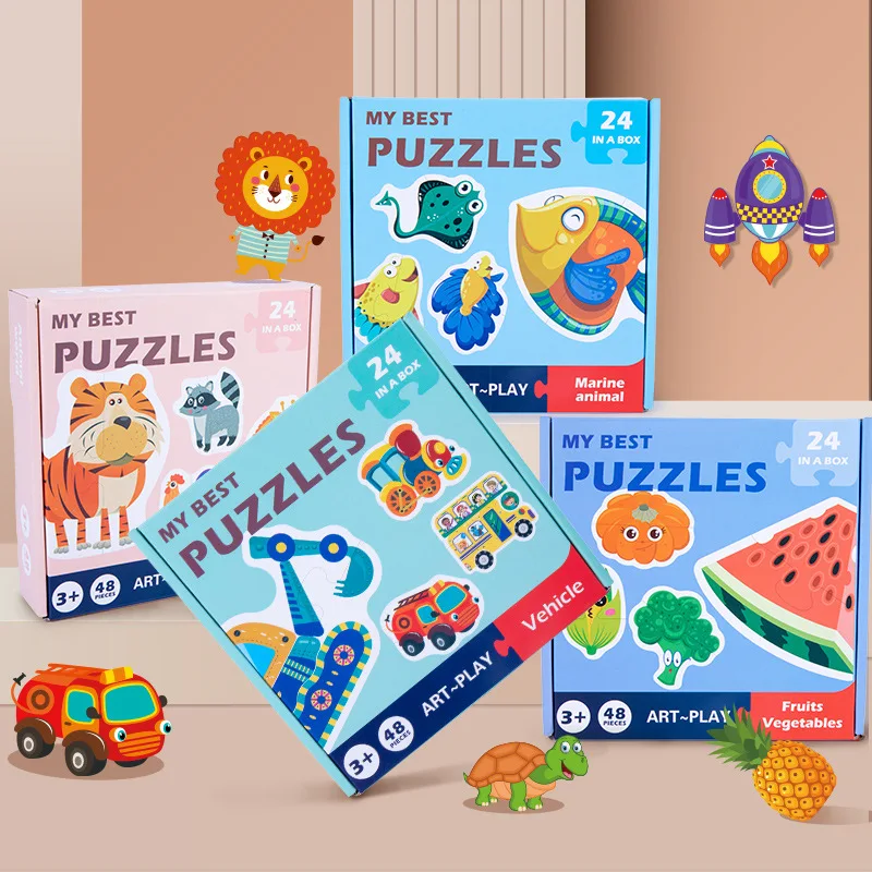 

Children's Puzzle Early Education Portable Pairing 48 Pieces Puzzle Cartoon Animal Vehicle Cognitive Puzzle Gift Box