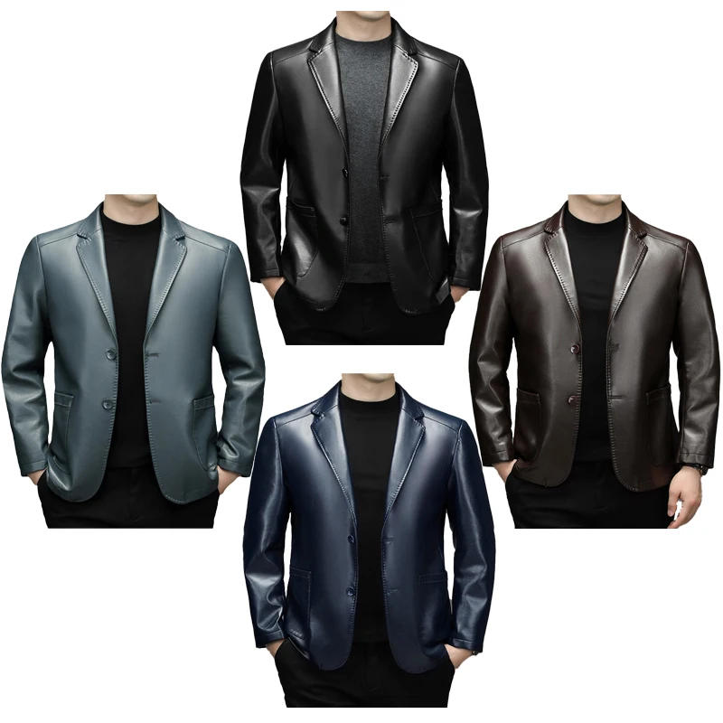 

2025 Autumn/Winter New Arrival Dark Brown PU Suit for Men, Navy Blue/Blue Casual Slim-Fit Suit Collar Men's Faux Leather Jacket