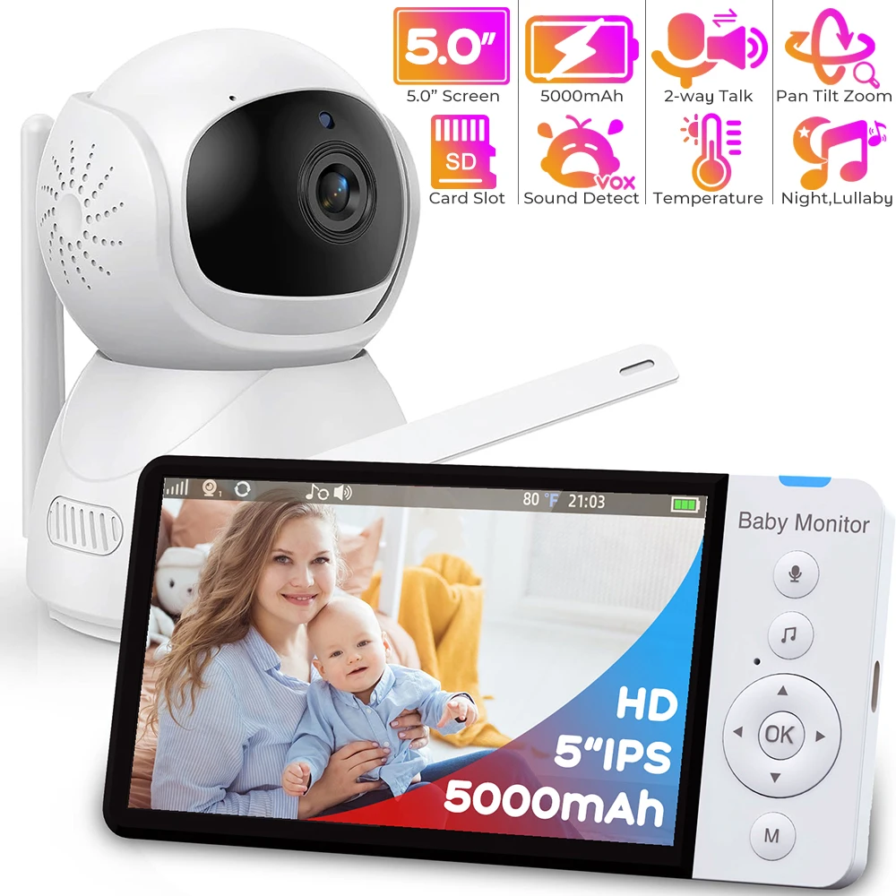 

Large 5" Portable Screen Video Baby Monitor with Camera and Audio No WiFi Night Vision Two-way Talk PTZ Nanny Baby Phone Camera