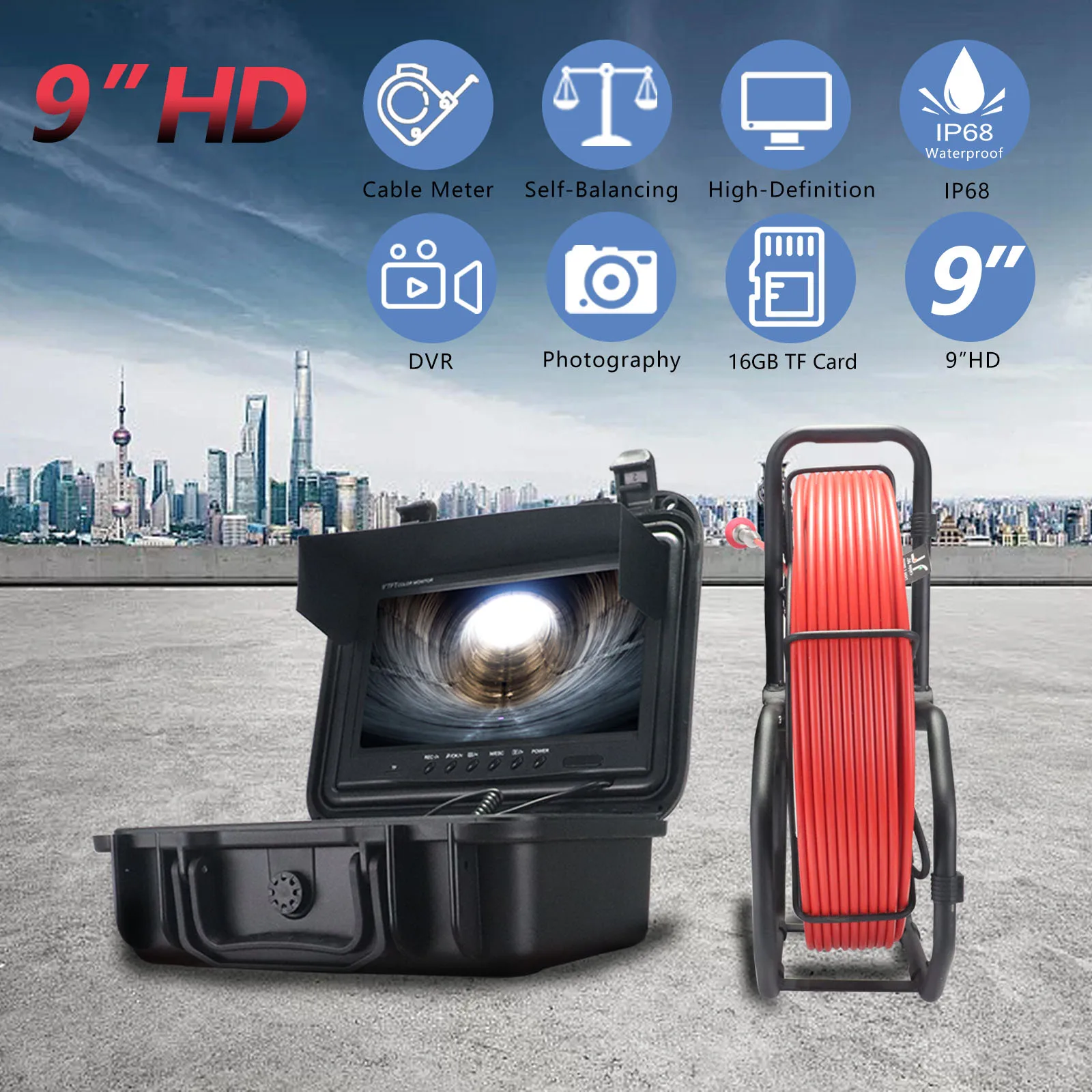 مصنع مقاوم للماء IP68 9 بوصة كاميرا فحص استنزاف Borescope الصناعية مع ضوء لاستنزاف أنابيب الصرف الصحي