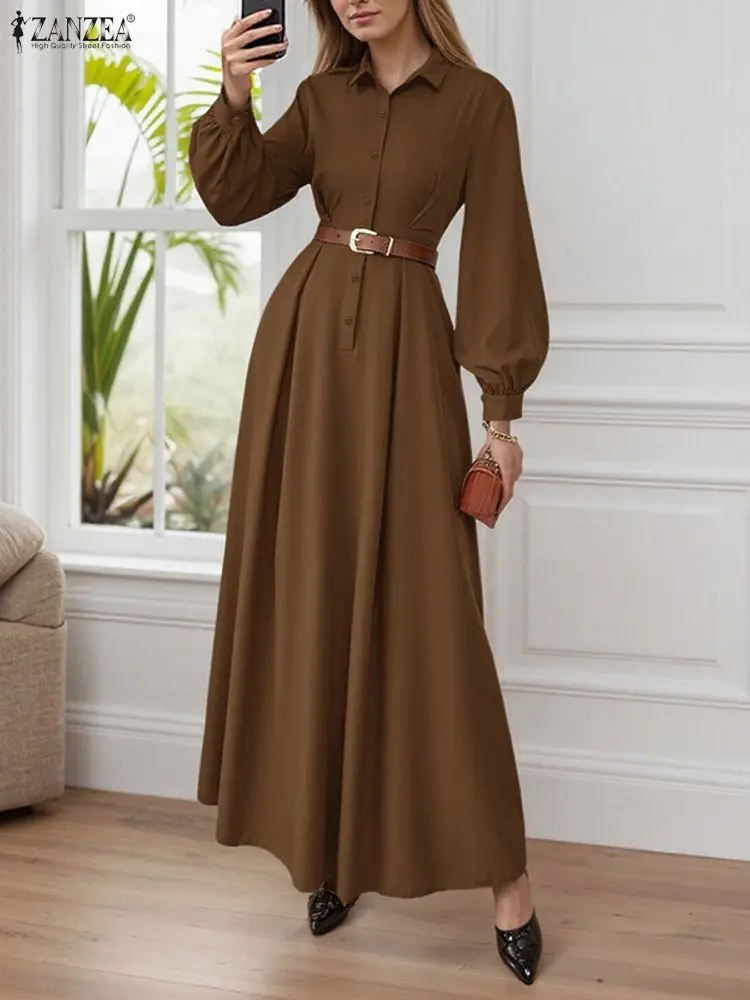 2023 ZANZEA Langarm Maxi Kleider Herbst Frauen Tasten Beiläufige Lange Hemd Robe Solide Elegante Büro Party Vestidos Kein Gürtel