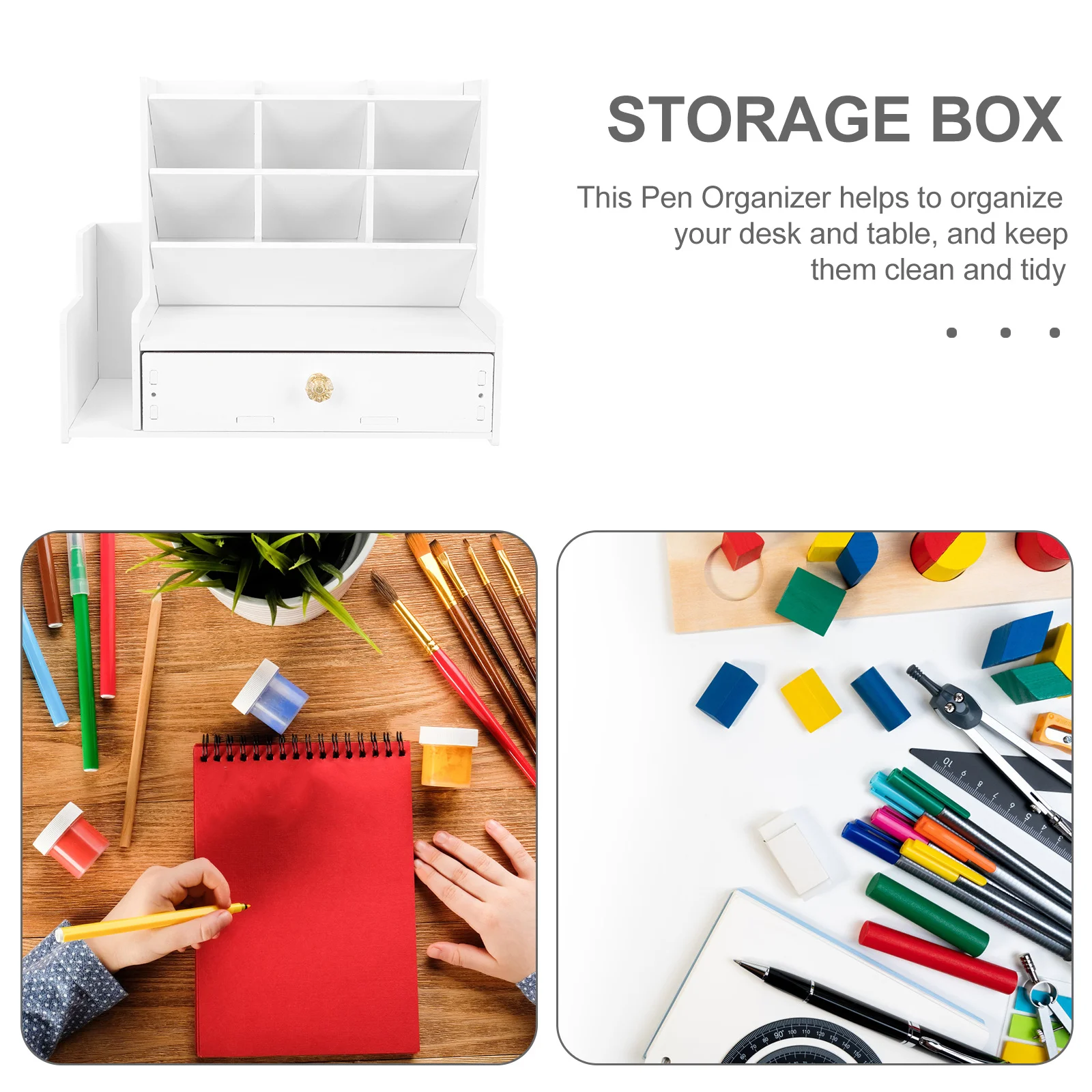 

Pen Storage Box Multi-Grid Wooden Desktop Organizer For Pens Pencils Makeup Tools Remote Controls Lightweight