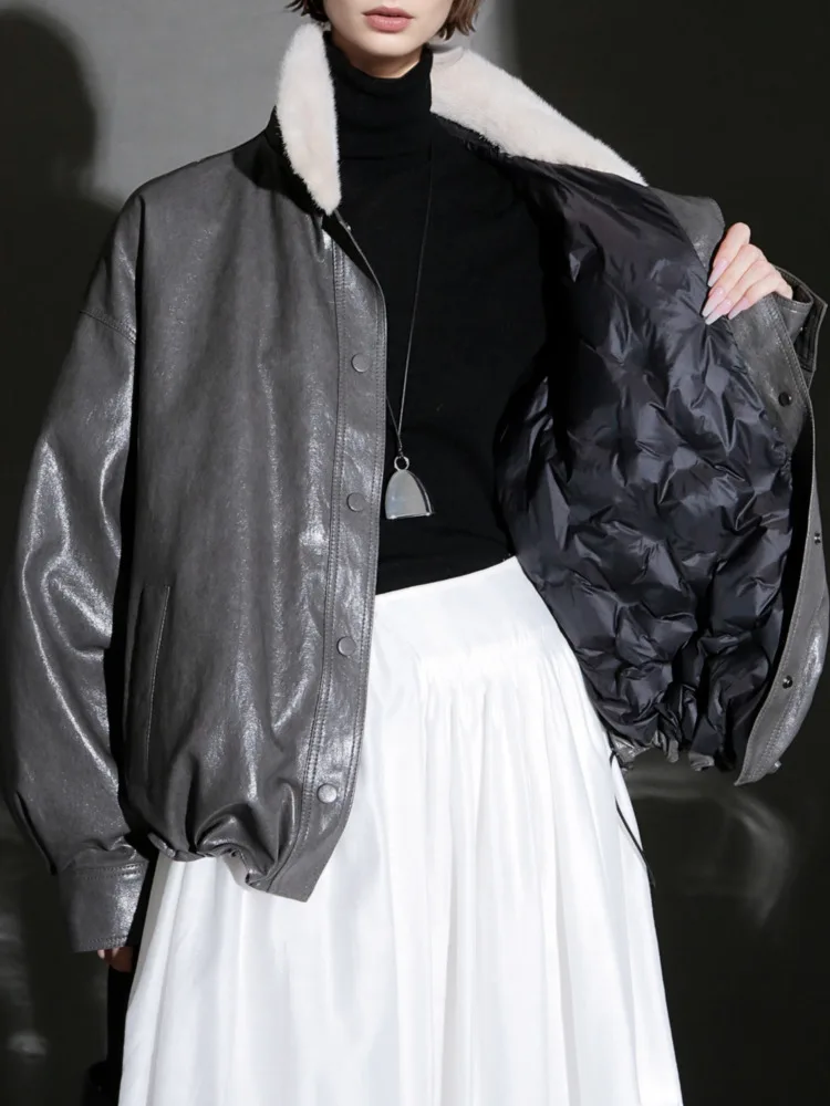 ZMEENNA veste en simili cuir marron pour femme col en fourrure blanche amovible manteau court surdimensionné vêtements d'extérieur décontractés ZM4531