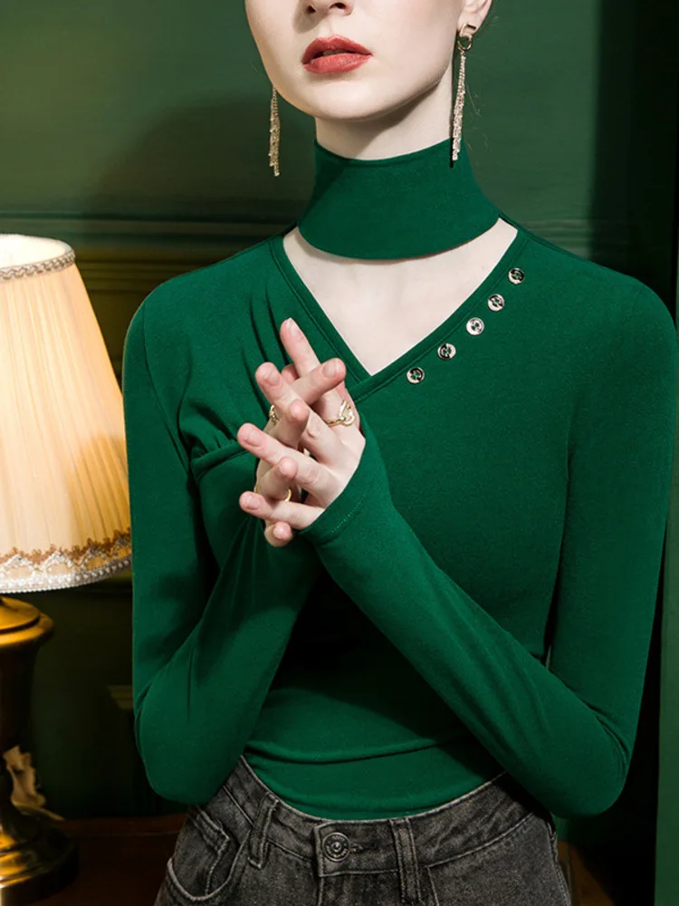 Top da ballo slim fit con collo alto scollato in tinta unita – Camicia da performance vintage a maniche lunghe per top per costumi di scena classici