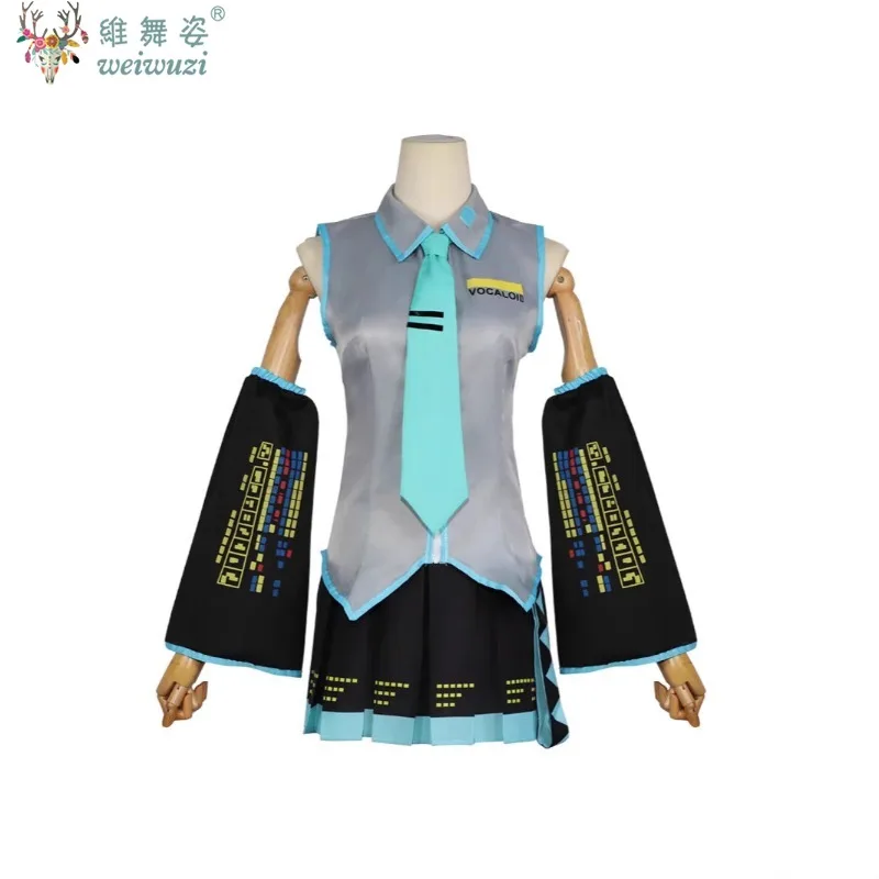 アニメコスプレ衣装バーチャルシンガーmiku初音ミク日本アニメ舞台打歌服舞台演技衣装花式グレーのノースリーブトップスに明るめのブルーの襟とボトムスの黒のスカートに同系色の縁飾りの階層感ある袖口のカラーの音符は鼓動する音符の精霊のように古典的な時は高度に還元され精緻で細部の全体的な造形を追求したシンプルで気前の良いデザイン