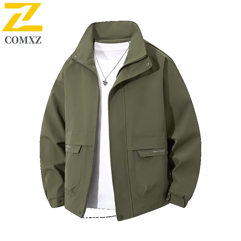 

COMXZ 2025 Men's Outdoor Casual Stand Collar Jacket Spring Autumn Trendy Workwear American Style Multi Pocket Waterproof Coat
