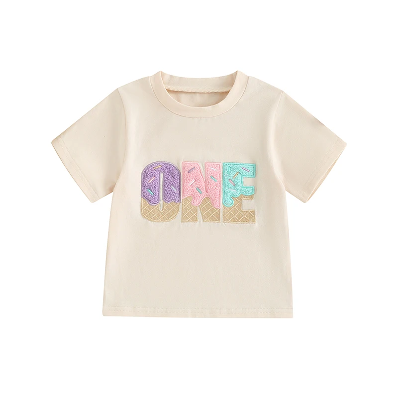 

Girl's Birthday Tops Casual Round Neck Short Sleeve Letter Embroidery T-Shirt Toddler Little Girl Summer Clothes