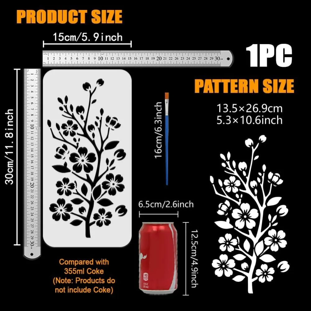Blooming Cherry Blossoms Painting Stencil with Plastic Paint Brush 11.8x5.9inch Cherry Blossom Branch Stencil for DIY Home Decor