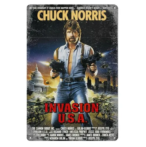 Placa de Metal Colecionável do Filme Invasion USA com Chuck Norris