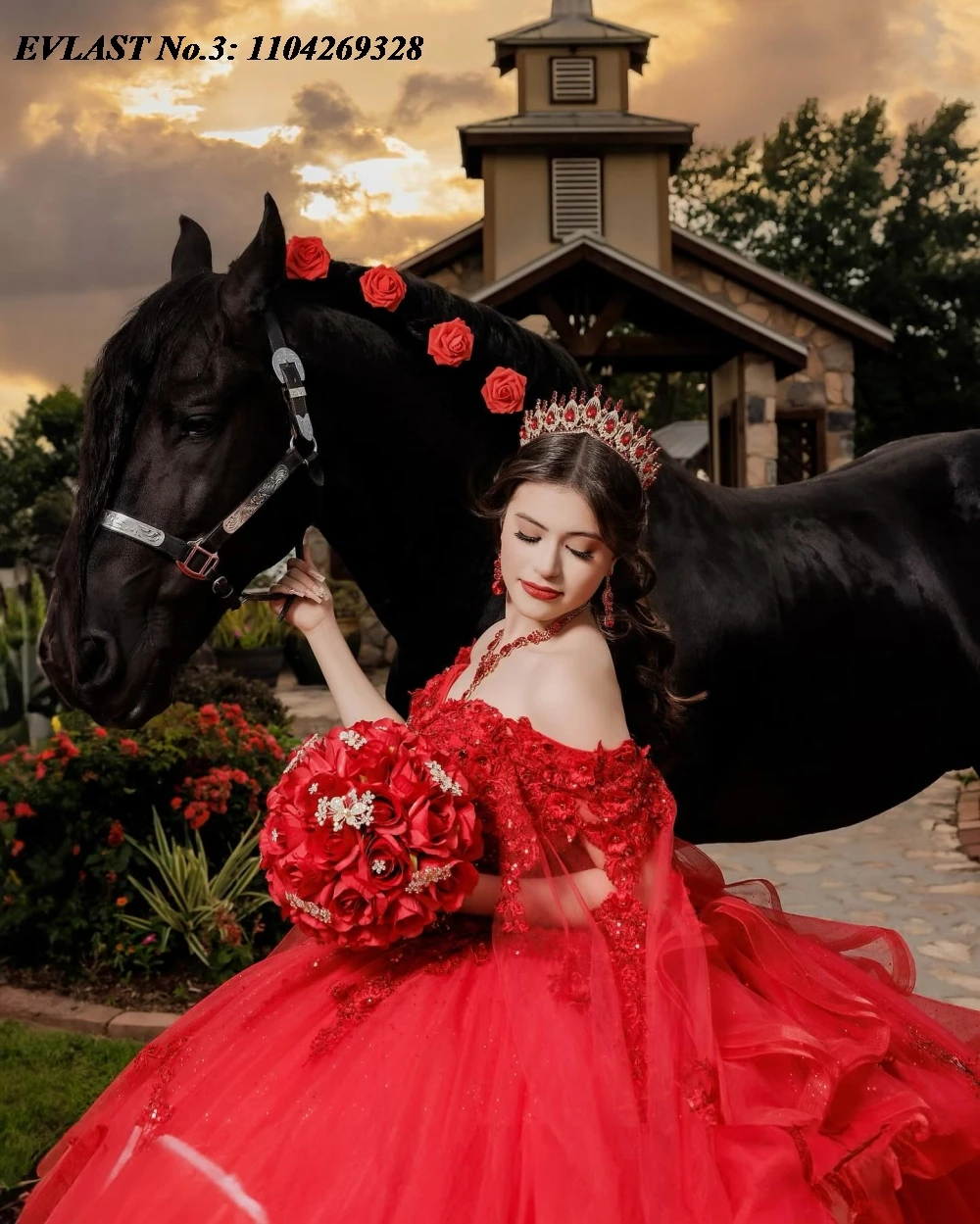 EVLAST-Robe de Quinceanera rouge brillante personnalisée, robe de Rhavec appliques en dentelle, cape de perles, corset doux, 16 ans, E3Qpionner