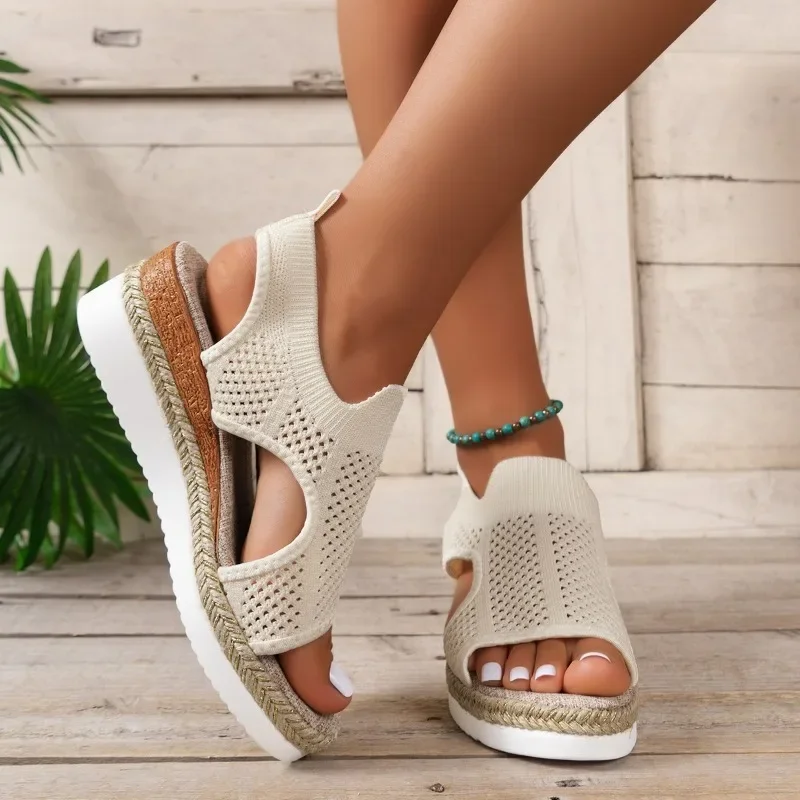 2024 Womens Summer New Fashion Open Toe Mesh Breathable Womens Shoes Outdoor Casual Simple Solid Color Womens Sandals Large Size