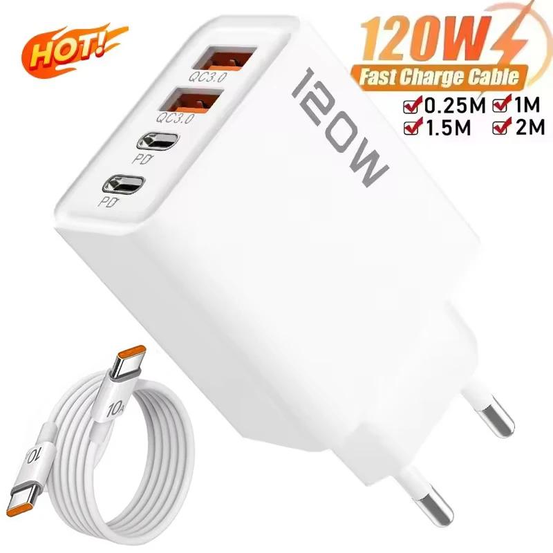 4 Ports 120W Charger USB C PD Quick Charge 3.0 Type C USB Phone Chargers Fast Charging Adapter For iPhone Samsung Xiaomi Huawei