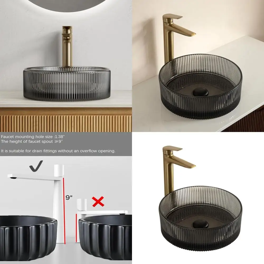 14 Round Crystal Glass Bathroom Sink Basin, Above Counter Design, 14.17 x 4.53, Transparent Black