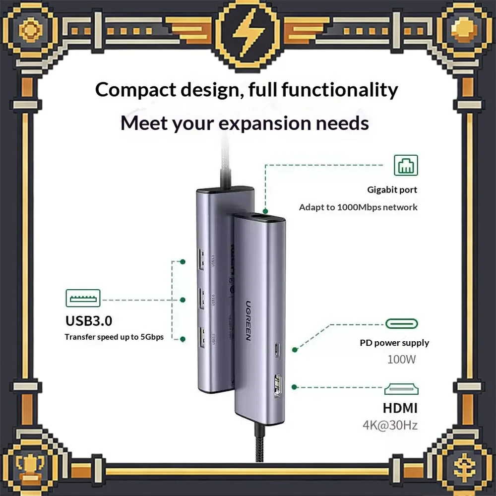UGREEN 15598 Revodok 6 in 1 USB C Hub 4K HDMI Gigabit Ethernet 100W PD 3 USB 3.0 Adapter for MacBook Laptop