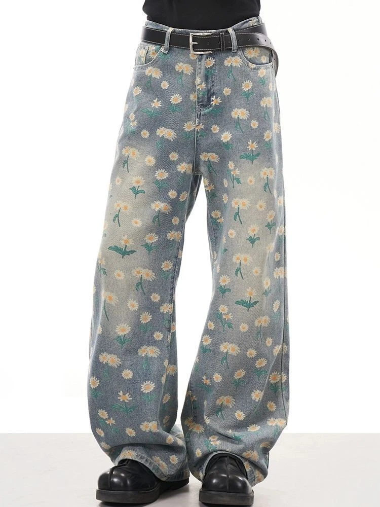 

Chrysanthemum Printed Women's Blue Denim Jeans Cool Girl Trousers Casual Bottoms Female High Waist Wide Leg Denim Pants