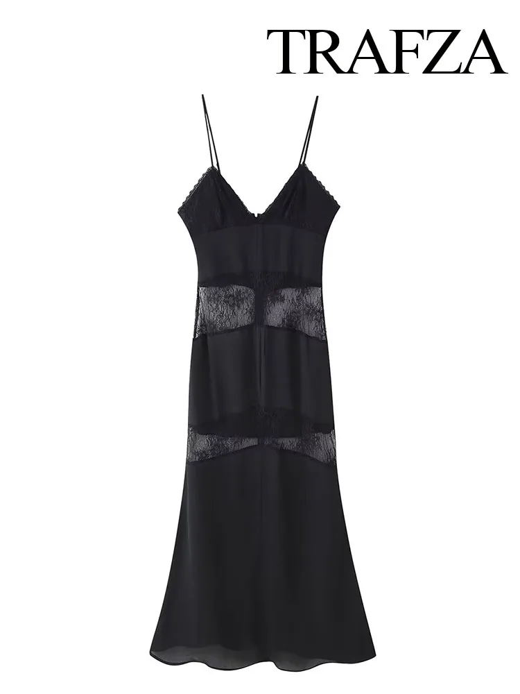 

TRAFZA Elegant Woman Party Evening Dress Summer Women Sexy Sleeveless Backless V-Neck Black Lace Design Slim Long Dress