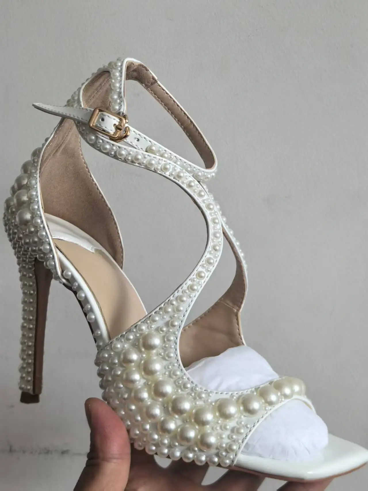 

2026 10.5cm SLSHLYJ Square Headed Fish Mouth Sexy Pearl Strap Sandals New Summer Women's Pearl Wedding Bride High Heels Shose 45