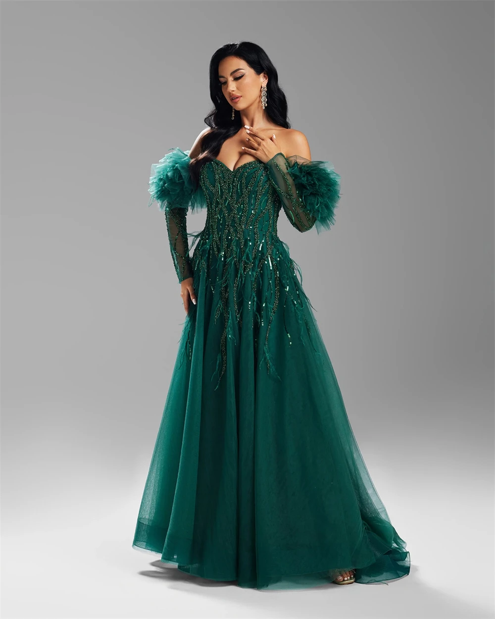 

Customized Simple Green Organza Evening Dress Formal Sweetheart Long Sleeves Celebrity Gowns Sexy A-Line Sweep Train Prom Dress