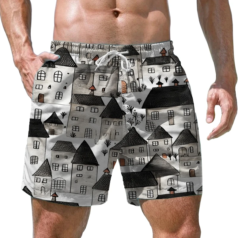 Pantaloncini da surf stampati in 3D per la casa in bianco e nero pantaloncini Casual larghi pantaloncini da vacanza al mare estivi pantaloncini da uomo ad asciugatura rapida