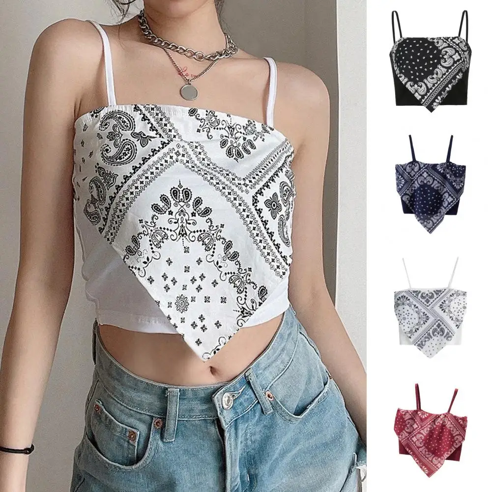 2024 Summer Sling Vest Printing Cute Crop Tops For Women Square Collar Sleeveless Retro Printing Camisole Slim Fit Women T-shirt