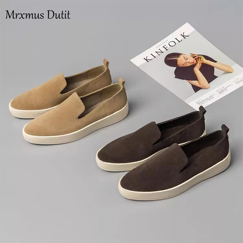 Mrxmus 2024 Autumn Flat Platform Shoes Woman Genuine Leather Suede Lazy Thick Sole Loafers Shoe Casual Sport Vulcanized Sneakers