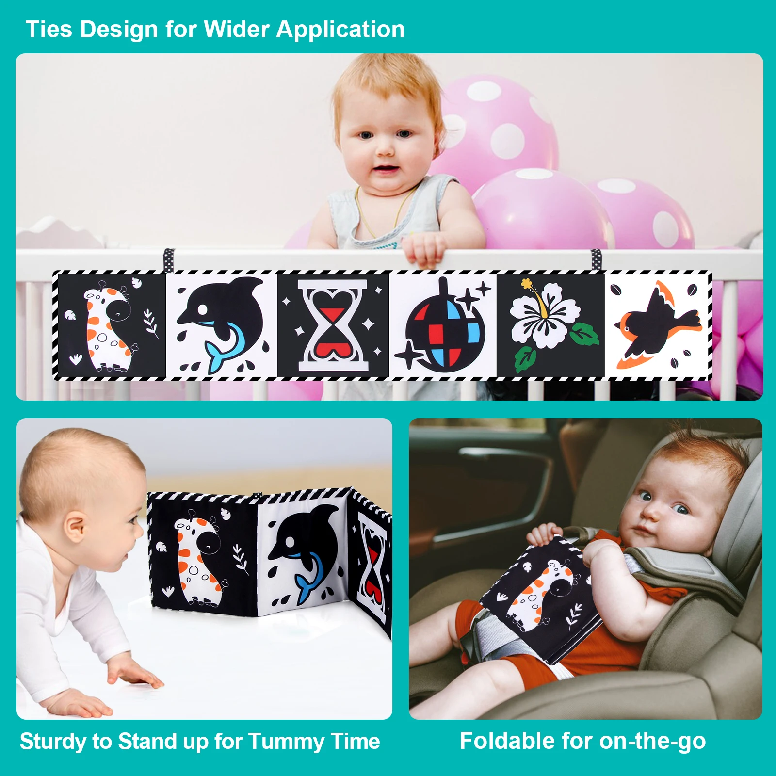 Baby Cloth Book High Contrast Baby Toys 0-36 Months Newborn Crib Toys Black and White Animal Sensory Cloth Books Montessori Toys