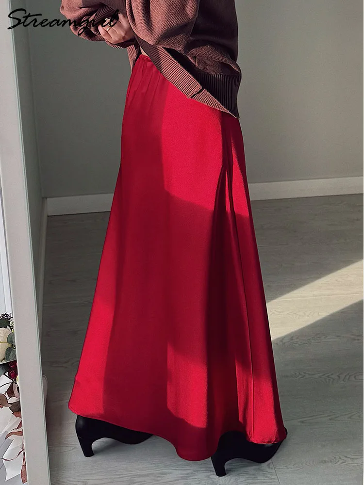 Długie satynowe spódnice damskie ciemnozielone luksusowe wiosenno-letnie maxi proste czarne spódnice długie błyszczące satynowe spódnice maxi brązowe damskie