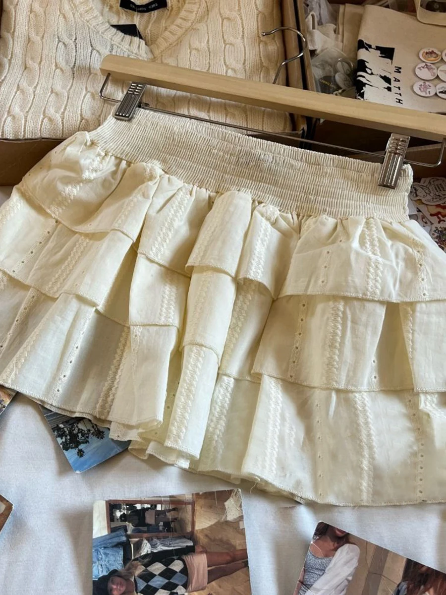 Vintage Hollow Out Beige Mini Skirts Summer Elastic High Waist A-line Short Faldas Women Solid Ruffles Sweet Balletcore Skirts