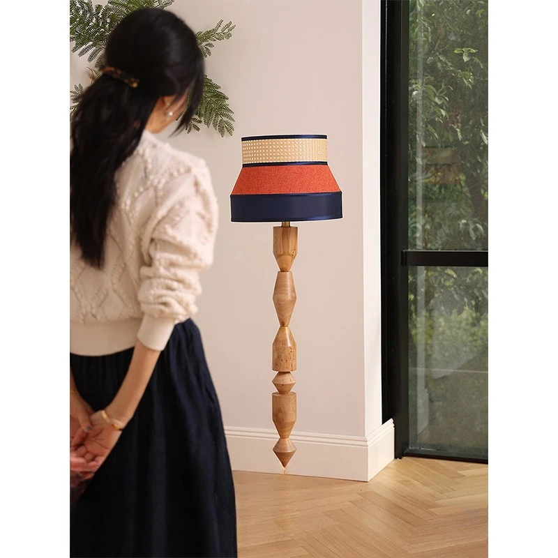 

New Chinese wood handmade linen color matching floor lamp adjustable study living room bedroom ambient light