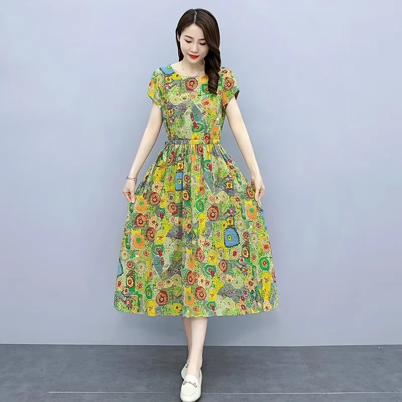 

Pop Bohemian Floral Print Women Dresses New Summer O-Neck Short Sleeve Drawstring Party Dresses Slim A-Line Sundress Robe Femme
