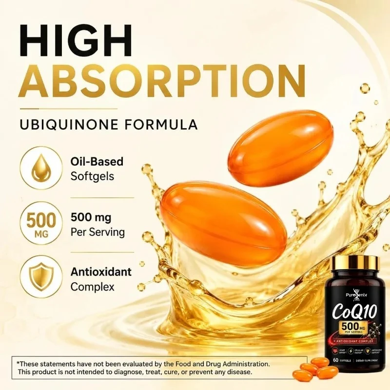 Coenzyme Q10 Supplement 500mg, Coenzyme Q10 Ubiquinone, Antioxidant and Cellular Energy Support -60 Soft Capsules
