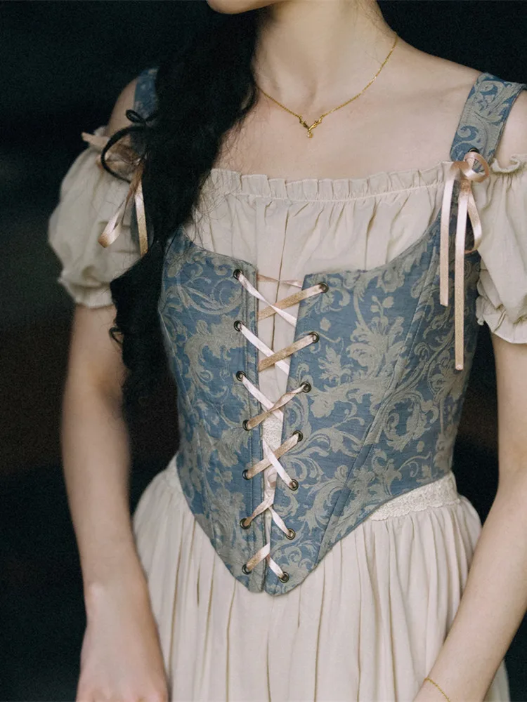 78-94cm Bust Spring Summer Corsets Tops Women French Vintage Royal Princess Jacquard Corset Top with Lace-up Boning Tops