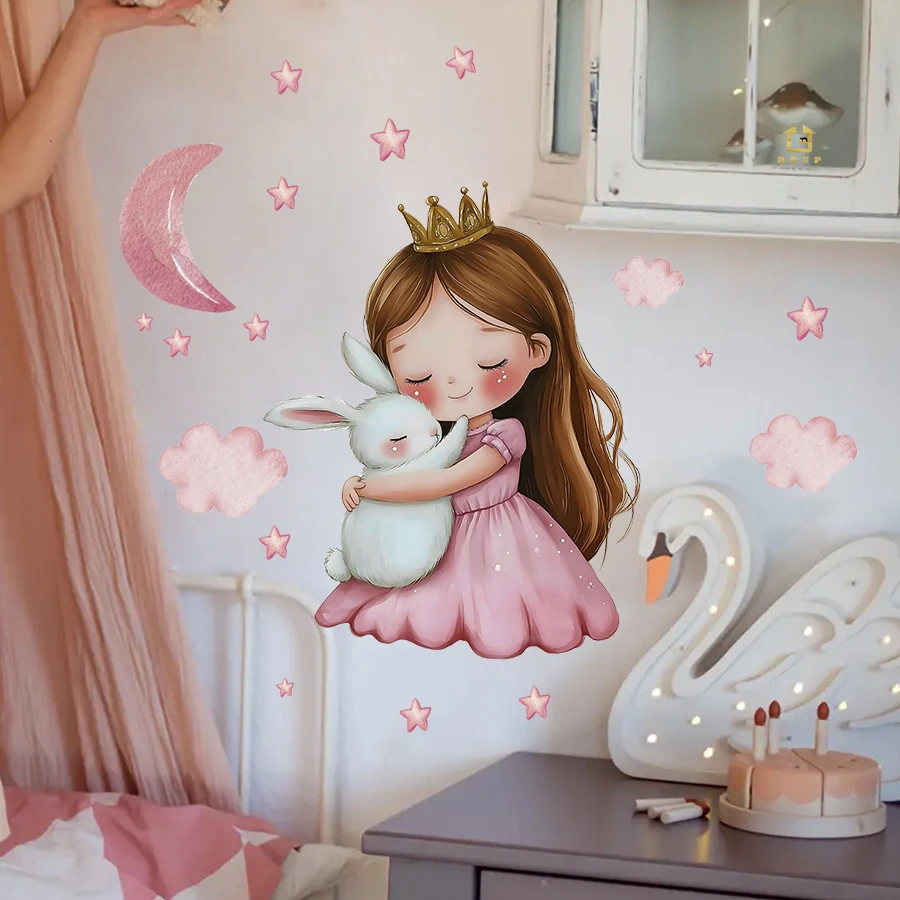 Cute Cartoon Girl Hugging Rabbit Wall Sticker Nursery Kids Room Decor Removable Self-Adhesive Home Art Decal