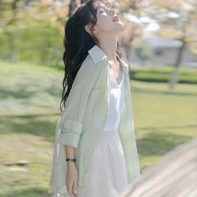 Women's Summer Thin Ice Silk irt Long Sve Polyester Sun Protection Top  Collar Mid-Length Outerwear Faionable Sens...