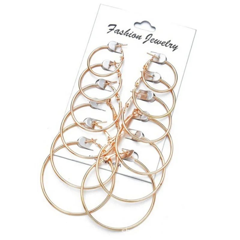 6 Pairs Fashion Hoop Earrings Set For Women Silver Color Round Circle Earring Studs Female Trendy Ladies Party Jewelry Gift