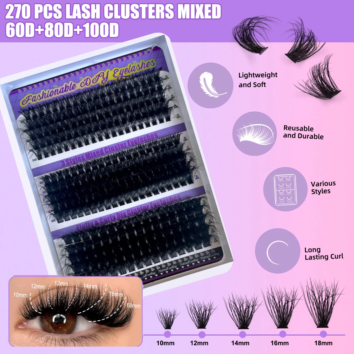Cluster per ciglia Cloison 60D + 80D + 100D - 280 pezzi di grappole per ciglia 10 - 18 mm D Curl Cluster - Cluster per ciglia spesse