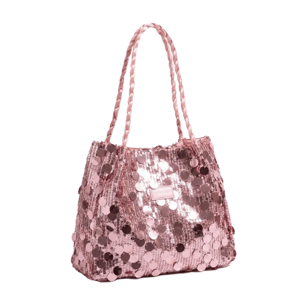 Chic Polyester Glitter Sequins Shoulder Bag Braided Handle Large Capacity Handbag Versatile Round Tote Bag Party