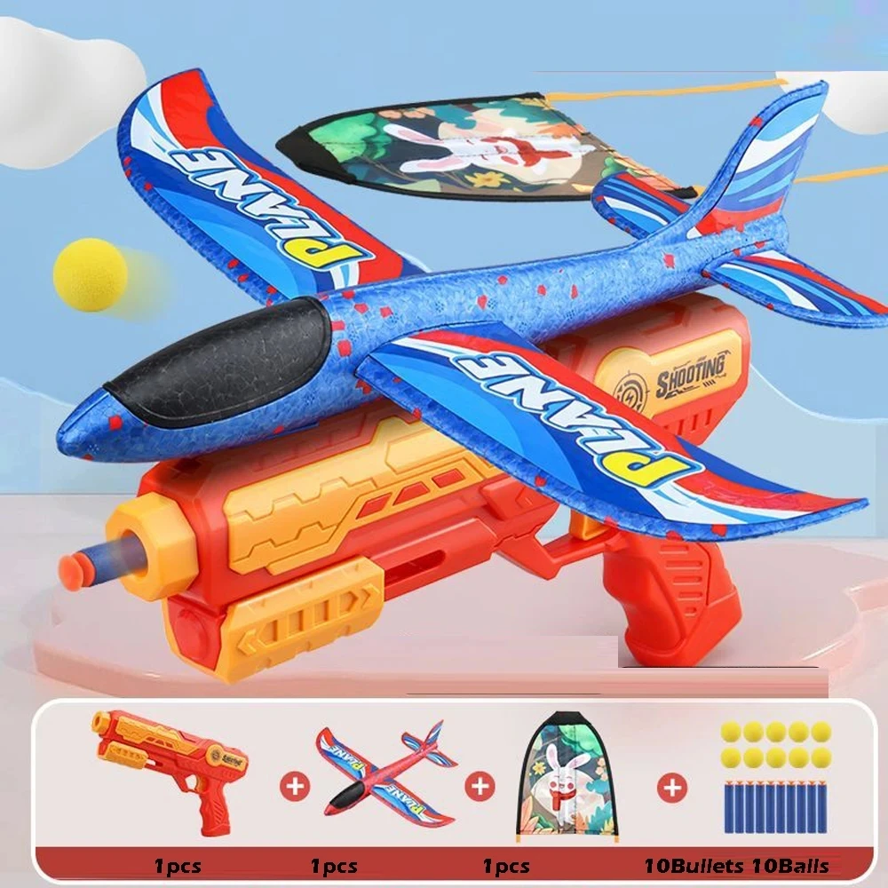 Kids Airplane Gun Toy 4 in 1 Soft Bullet Foam Plane 10M Launcher Shooting Fly Kite Toys Gifts Children Outdoor Game Toy Sports