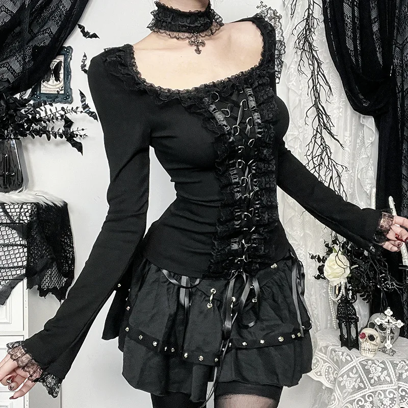 Goth Dark Elegant Fashion Lace Side Patchwork Long Sleeve Tops T-shirts Mall Gothic Bandage Blouse Slim T-shirt Women Techwear