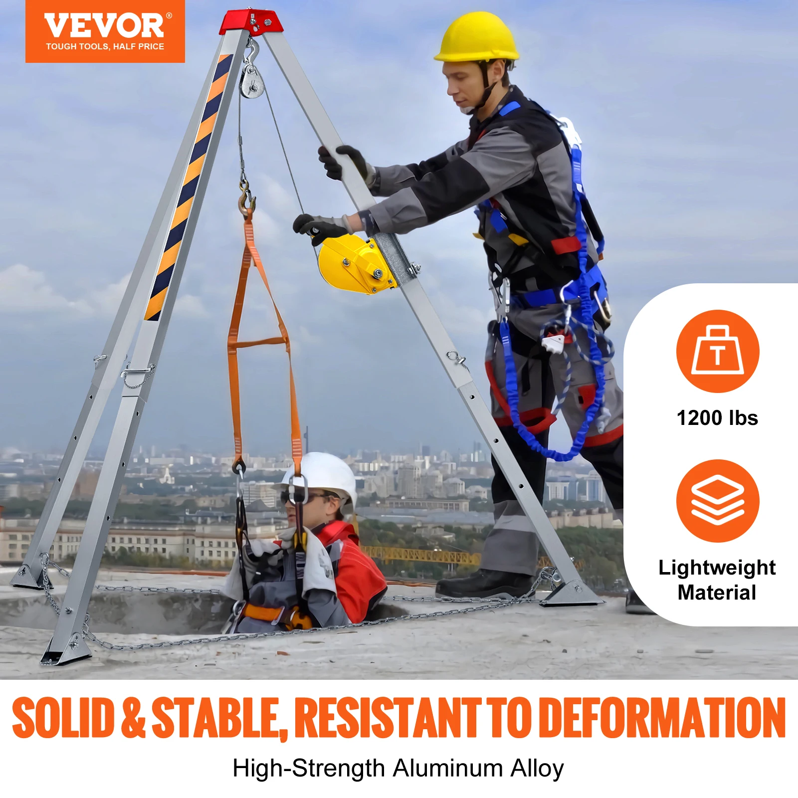 VEVOR Confined Space Tripod Kit, 1200/1800 lbs Winch, 7' Legs and 98' Cable,32.8' Fall Protection, Harness, Storage Bag