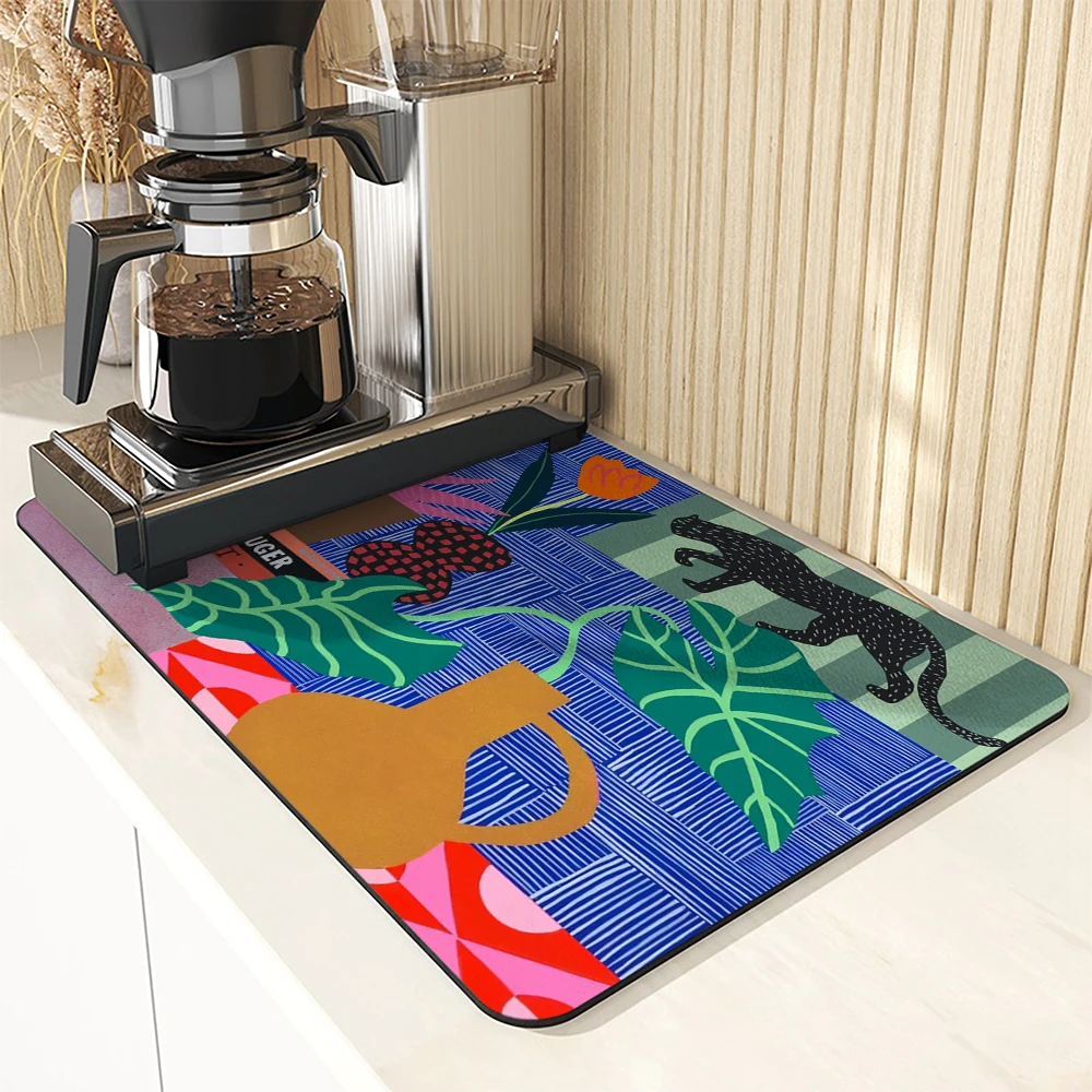 Kitchen Drying Mat Tropical Plants Dry Coffee Mat Absorbent Dish Placemat   Table Cup Drying Mats Table Decoration Accessories