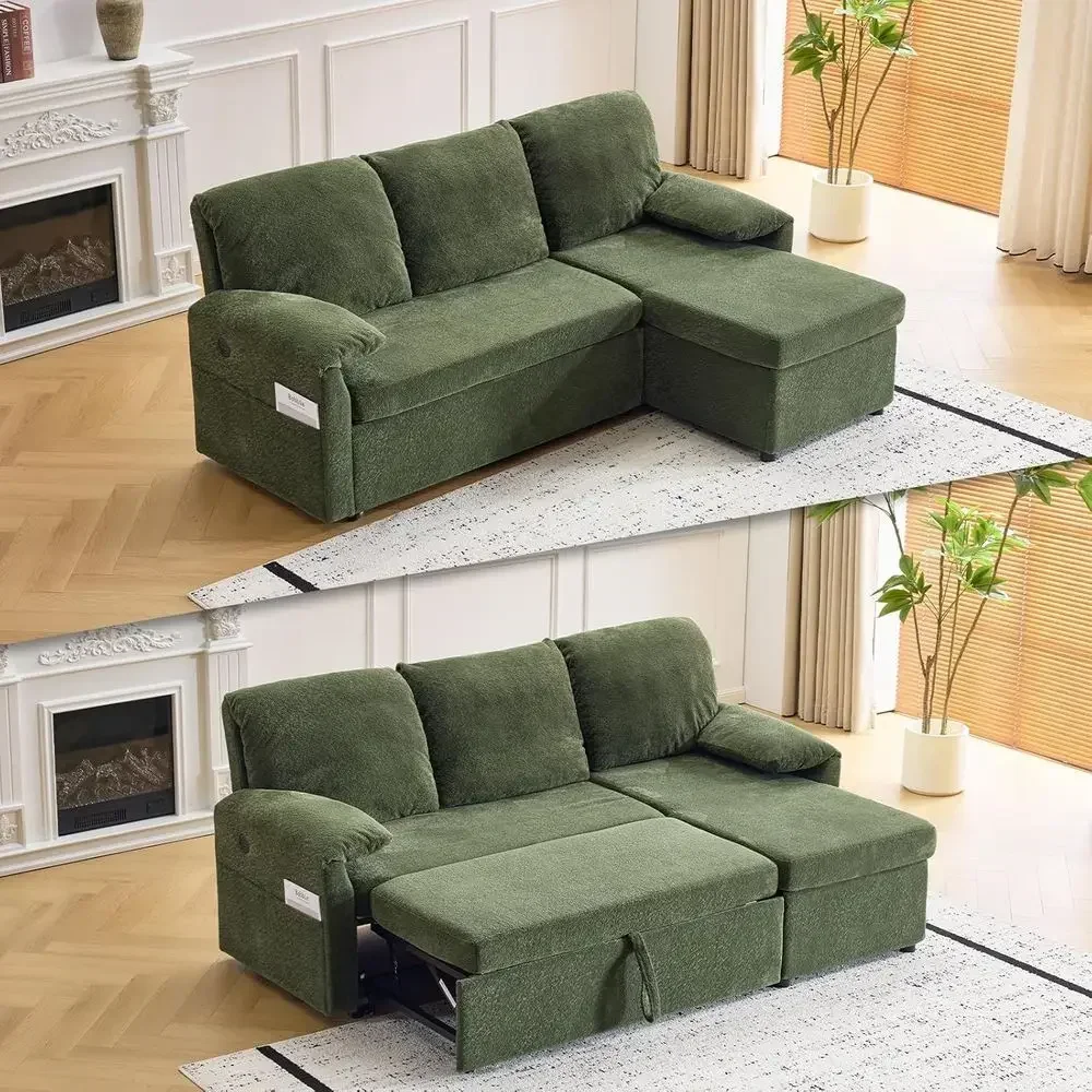 L-Shaped Sectional Sofa Bed with Storage Chaise, Plush Cloud-Like Fabric, USB Ports, Side Pockets - Green